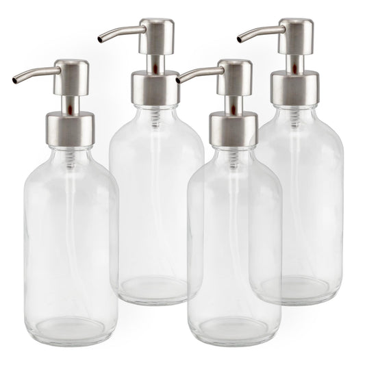 Cornucopia Brands 8-Ounce Clear Glass Boston Round Bottles w/Stainless Steel Lotion Pumps (4-Pack); Empty Refillable Liquid Soap & Lotion Bottles