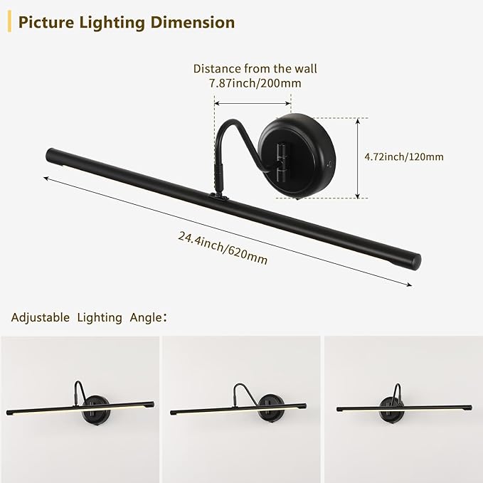 JOOSENLUX Battery Operated Picture Lights Modern Wireless Wall Lights 24.4" Inch Dimmable Under Counter Lights for Kitchen with Swing Arm as Canvas Wall Sconce Light Black 3000K CRI95+