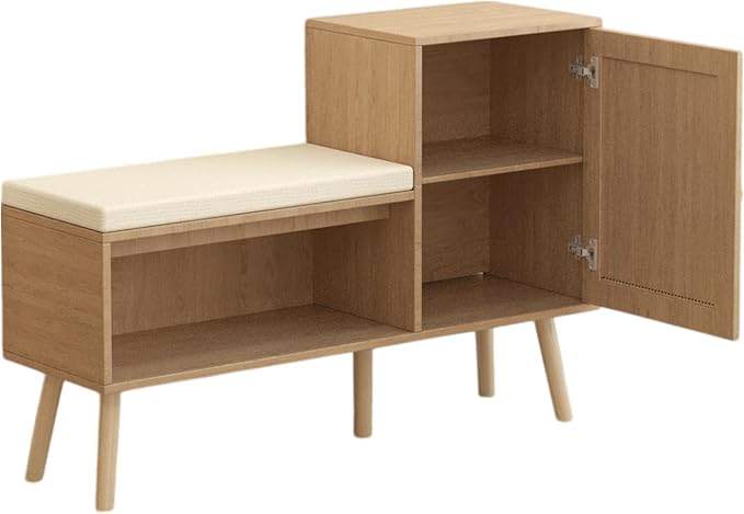 2-in-1 Shoe Storage Bench with Removable Seat Cushion, PP Rattan Shoe Cabinet with Rattan Doors, Modern Entryway Bench, Shoes Storage Organizer for Entryway Hallway Small Space, Natural