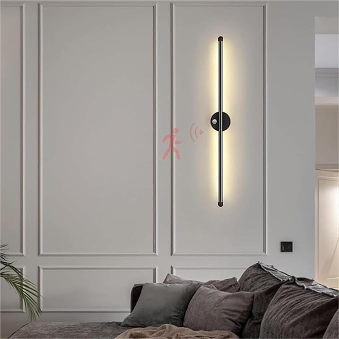 LED Long Strip Wall Lights with Motion Sensor Wall Lamp 3000K/4000K/6000K Wall Modern Simple Aluminum Mounted Indoor Bedside Decoration Light Living Room(Black Warm Light,60cm)