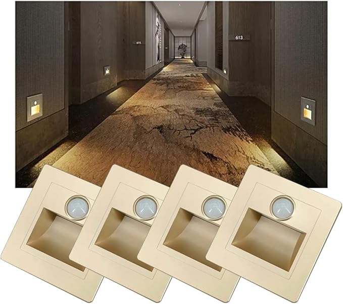 3W Motion Sensor Stair Lights 3000K Recessed LED Step Light Indoor Stair Step Wall Lamp Staircase Bedroom Decoration 4Pcs Gold