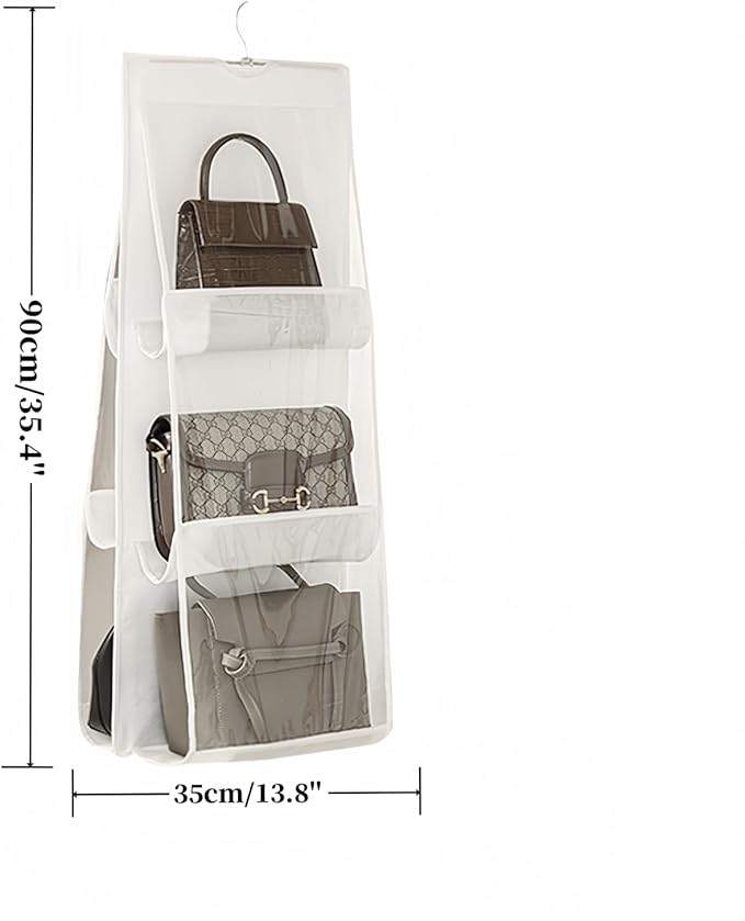 HAN SHENG 6 Pockets Clear Handbag & Purse Organizer Hanging Bag Storage - Space Saving Hanging Shelf for Closet, Wardrobe, Over Door (2 Pack, White)