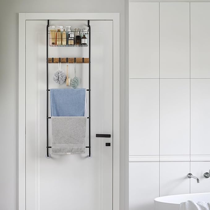 Over The Door Towel Rack Behind Door Towel Holder for Bathroom 5 Tier Over The Door Towel Bar with Basket Towel Rack Door Hanger with Hooks for Clothes Toiletries (Brown and Black)