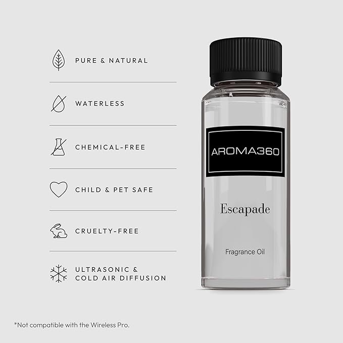 Aroma360 - Escapade Fragrance Oil Scent - Luxury Aromatherapy Scent Diffuser Oil - Hints of Lemon, Ocean, Bergamot, & Fragrant Jasmine - for Essential Oil Diffusers - for Home & Office - 120mL