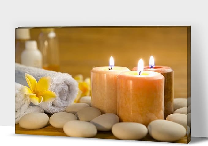 Zen Wall Art Decor, Modern Bathroom Zen Decor Wall Art, Large Zen Relaxing Canvas Wall Art for Spa Room Decor, Pebble and Lighted Candles Zen Canvas Prints for Office & Spa Wall Decor 28x40 Inches