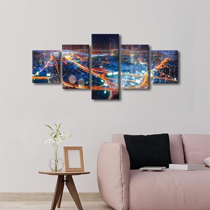 Canvas Wall Art for Office Decor 5 Panel City Lamplight Poster Native Americans Home Decor Artwork Sense of Technology Picture Printing Internet Workers Living Room Office Decor Frame 50x24 Inch