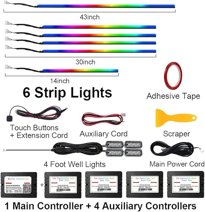 RGB 10 in 1 Interior Car LED Strip Light with Wireless APP,16 Million Interior Lights Car Dreamcolor Acrylic Ambient Lighting 600 LED Music Sync Neon Lights Kits (10 in 1 Set + App Control)