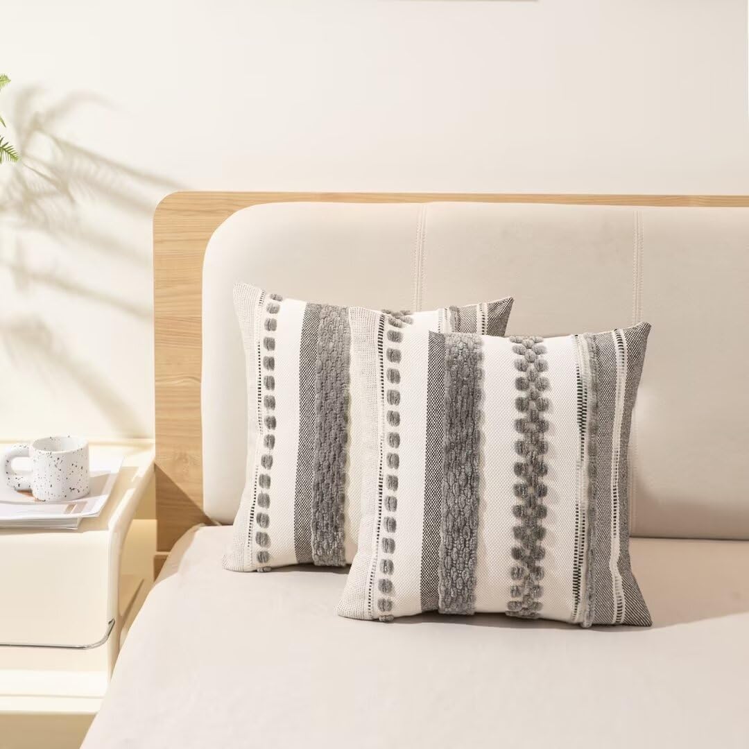 WANLIRD Boho Throw Pillow Covers 18x18 Set of 2 Farmhouse Decorative Cushion Case Striped Square Pillows Cover Chenille Pillow Cases Accent Neutral Pillowcase for Sofa Couch Bed,Gray