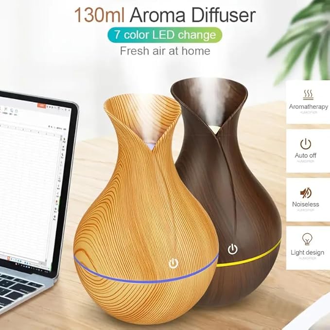 Mini Aromatherapy Humidifier Relaxing Cool Mist with Color Changing LEDs Night Light for Bedroom, Desktop, Travel, and Car, Aroma Diffuser (Light Wood)