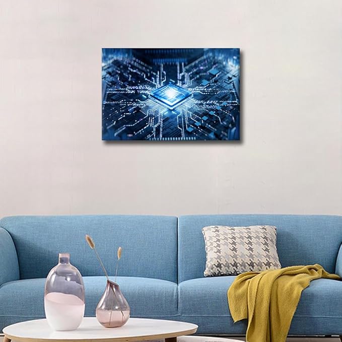 TUMOVO Wall Art for Living Room Technology Digital Art Bedroom Wall Decor Futuristic CPU Wall Paintings for Office Internet Concept Print On Canvas Modern Artwork Framed Ready to Hang, 24x16in