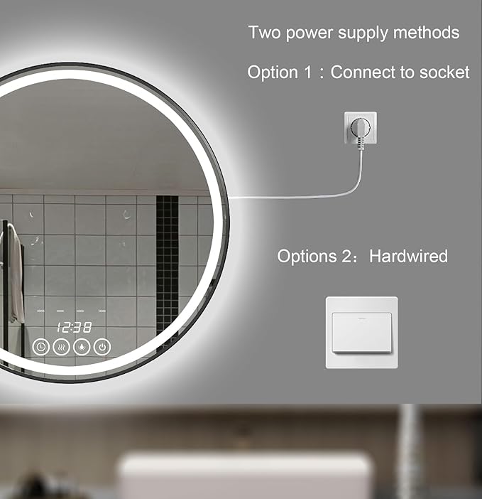 Wall-Mounted Round Bathroom Mirror with LED-Lights - Frame Vanity Mirrors (28" x 28", Black)