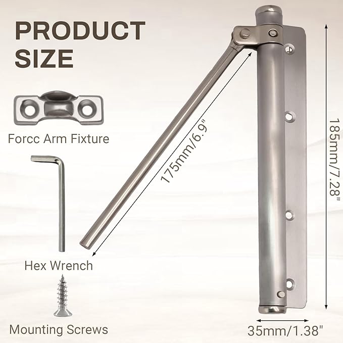 Litoexpe Automatic Door Closer, Safety Spring Door Closers Auto Soft Close, Adjustable Catch Speed with Arm, Silver