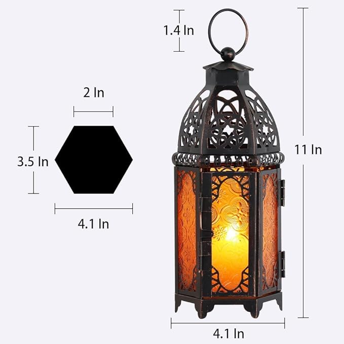 DECORKEY Moroccan Lanterns Decorative Indoor & Outdoor, 11’’ Medium Size Vintage Metal Hanging&Tabletop Candle Holder Decor, Halloween Christmas Ramadan Decorations for Home Porch Patio (Amber)