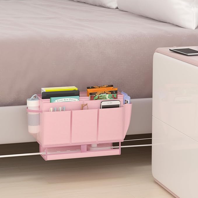 Bedside Caddy, Bed Organizer with 11 Pockets and Power Strip Holder, Versatile Bedside Storage Caddy for Home,Dorm,Bunk,Hospital,Crib Bed (2 Pack Pink)