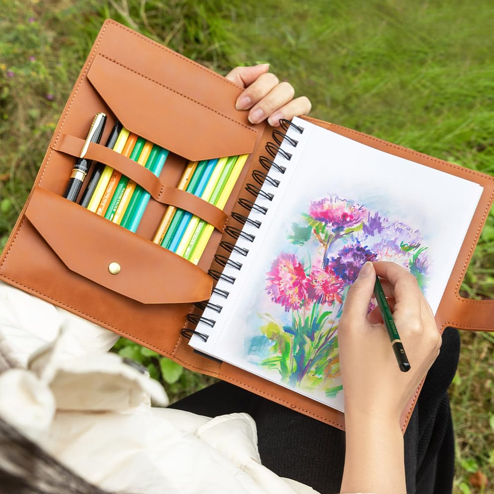 GSTFY Personalized Name Leather Sketchbook Cover with Birth Flower Custom Birth Flower PU Leather Book Cover with Pencil Case Artist Sketch Pad Case Birthday Gift for Painter Teacher Student