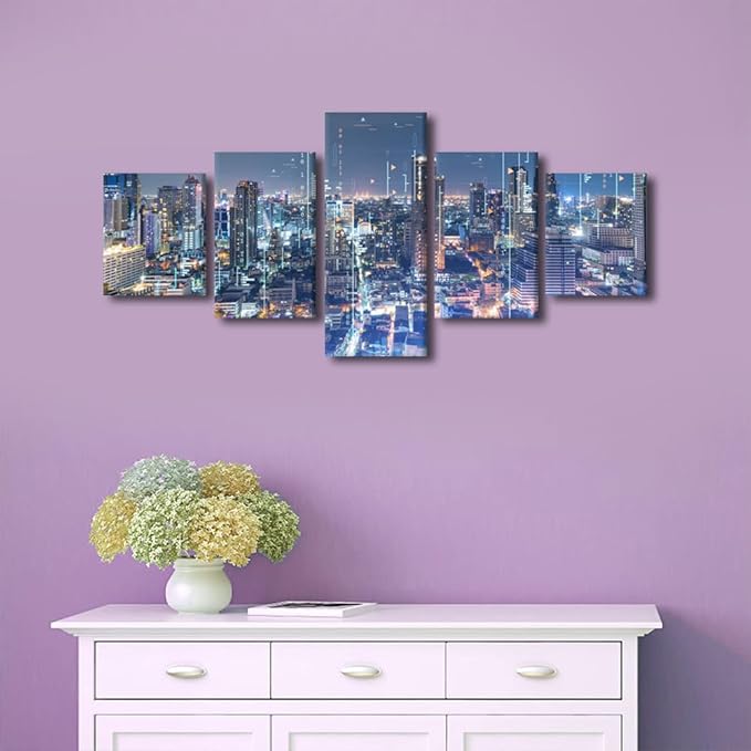 Canvas Wall Art for Living Room Modern City Landscape Picture 5 Panel Big Data Connection Poster Big Data Worker Home Decor Native Americans Office Decor Frame and Stretched Ready to Hang 50x24 Inch