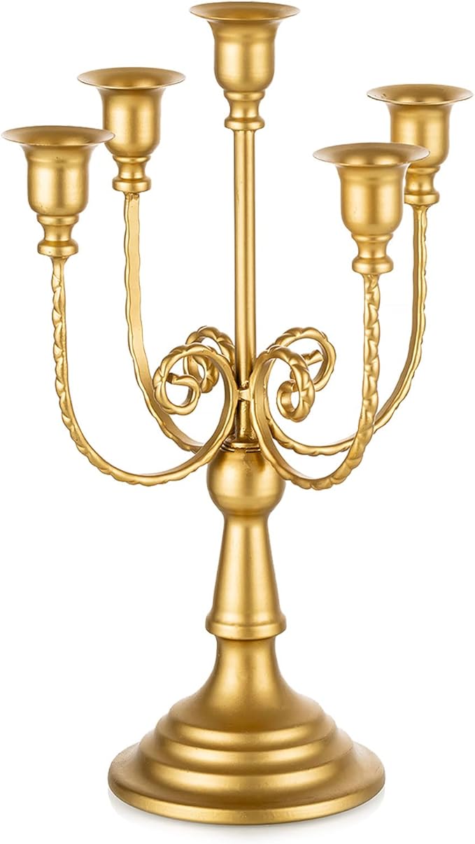 Romadedi Candelabra Gold Candle Holders - 5 Arm 11.8" Wedding Candlestick Holder for Theme Party Table Centrepiece Decor Dining Room Birthday Holiday Christmas