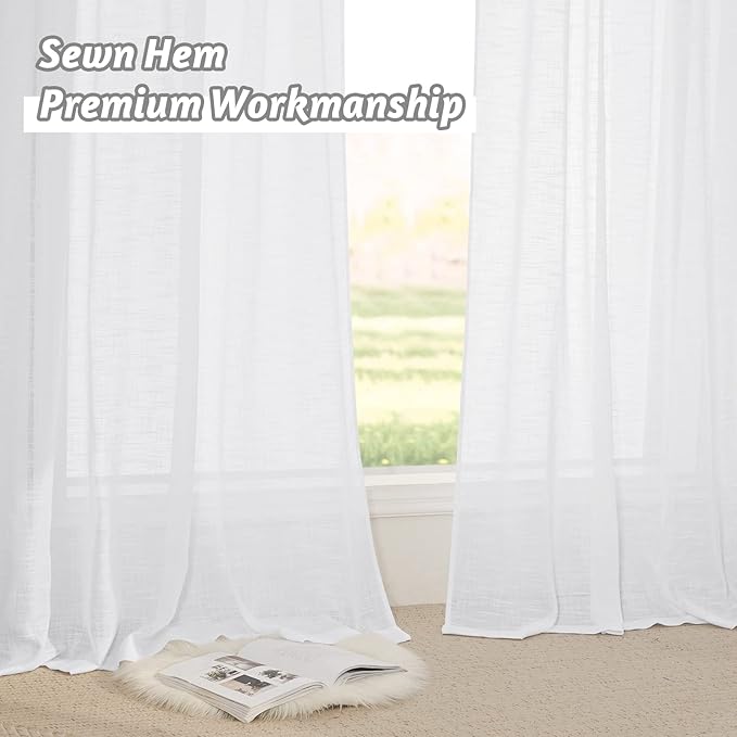 RYB HOME White Sheer Curtains, Extra 66 inches Widith Rod Pocket Light Filtering Breathable Semi Sheer Curtains for Living Room, W 66 x L 63 inches, 2 Panels Set
