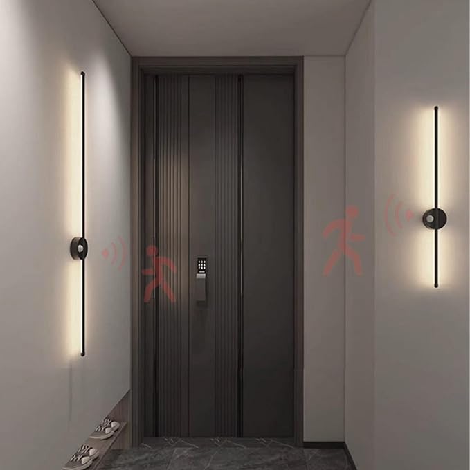 LED Long Strip Wall Lights with Motion Sensor Lamp 3000K/4000K/6000K Lighting Modern Simple Aluminum Mounted Indoor Bedside Decoration Light Living Room(Black Neutral Light,120cm)