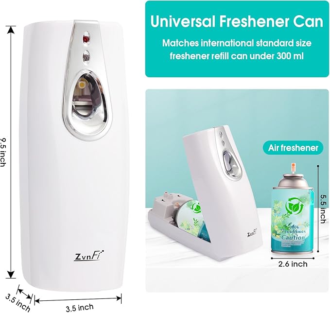 Automatic Air Freshener Spray Dispenser ZvnFi,Custom Timing (Day/Night/24H, 5/10/15/30 min interval),Wall Mounted or Free Standing,for Home and Commercial,Compatible with Glade Refill Can,White