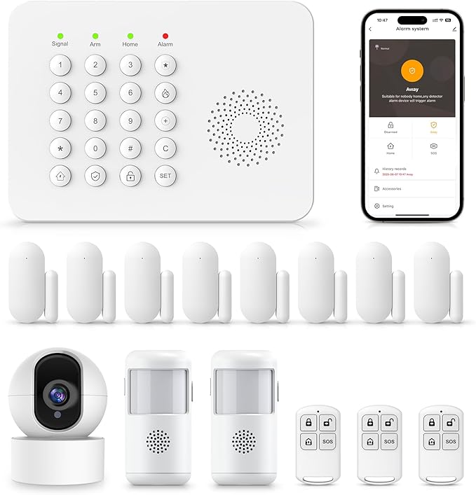 PGST Home Security System,DIY Wireless Home Alarm System for Home Security with Door Motion Sensors,Smart Keypad,Remote,No Subscription Fee (8 Contact Sensor + 2 Motion Sensor + 1 PTZ Camera)