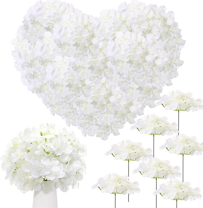 Zeyune 200 Pcs Hydrangea Artificial Flowers, Silk Flower Heads with Stems, Fake Hydrangea Bouquet for Wedding Arch Centerpiece DIY Floral Home Decoration (White)