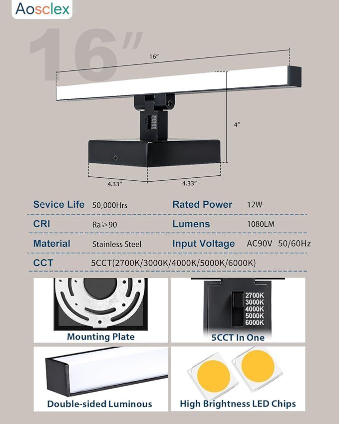 Aosclex 16 Inch Bathroom Lights Over Mirror, Rotatable, 12W 1080LM 5CCT Adjustable (2700K–6000K), Dimmable LED Bathroom Light Fixtures, IP44 Waterproof Black Modern Vanity Lights, ETL Certificated