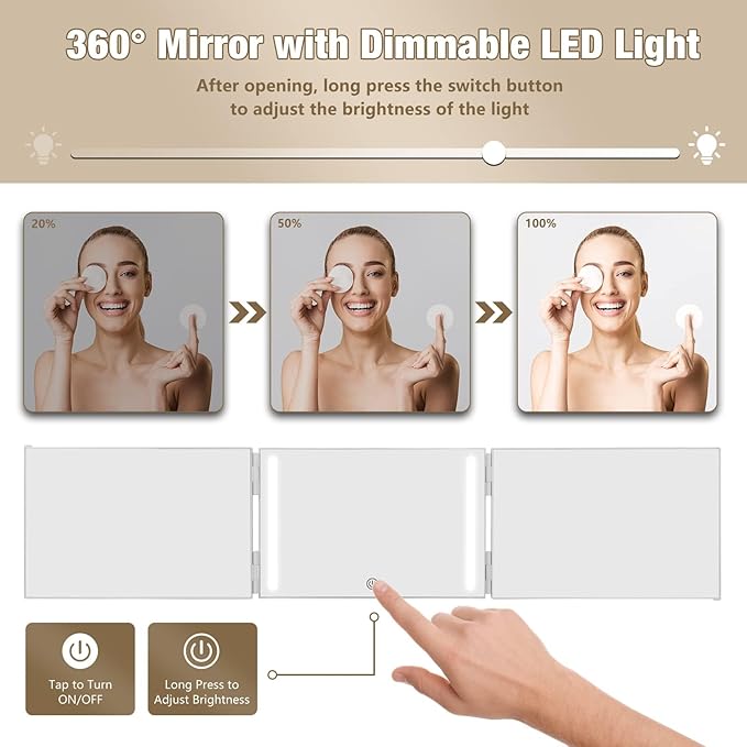 Dripex 3 Way Mirror with Led Lights for Men or Women, 360° Trifold Self Haircut Mirror with Height Adjustable Hooks, for Makeup, Styling, Shaving, Braiding, Dye Hair (White with Led)