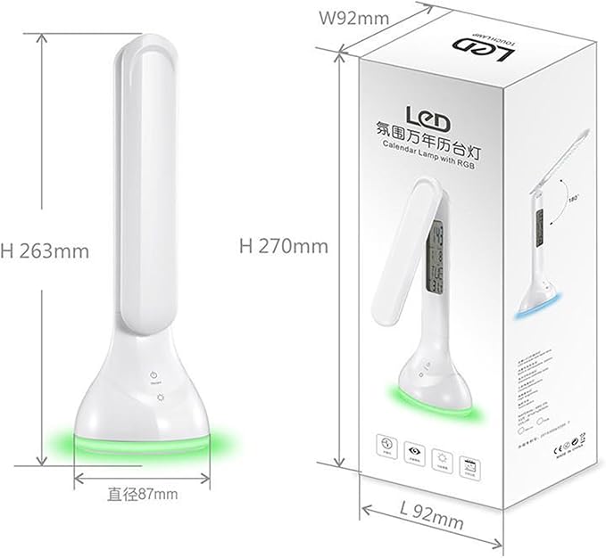 Smart Bedside Lamp with Transparent Display, RGB Dimmable Desk Light, 180° Foldable, Built-in Battery, Multi-Function with Clock/Date/Temperature Alarm,T19 White.
