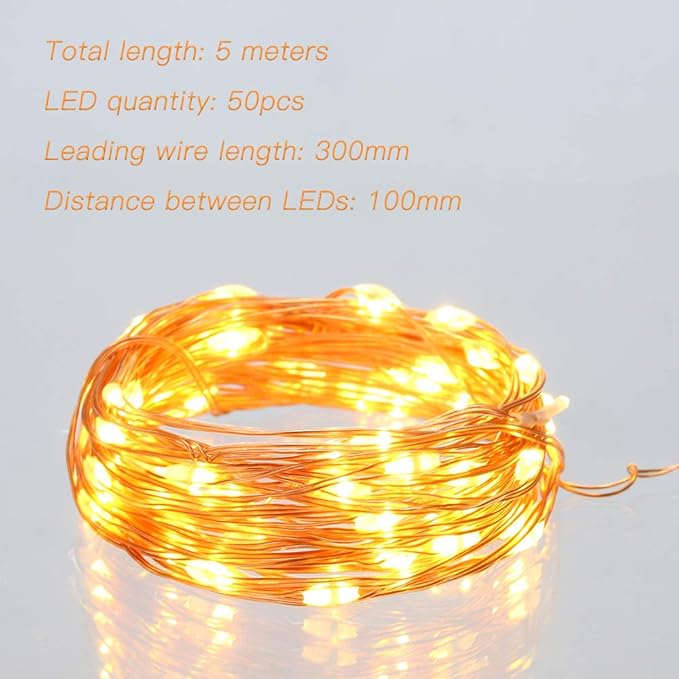 Led Fairy Lights Battery Operated, 1 Pack Mini Battery Powered Copper Wire Starry Fairy Lights for Bedroom, Christmas, Parties, Wedding, Centerpiece, Decoration (5m/16ft Warm White)