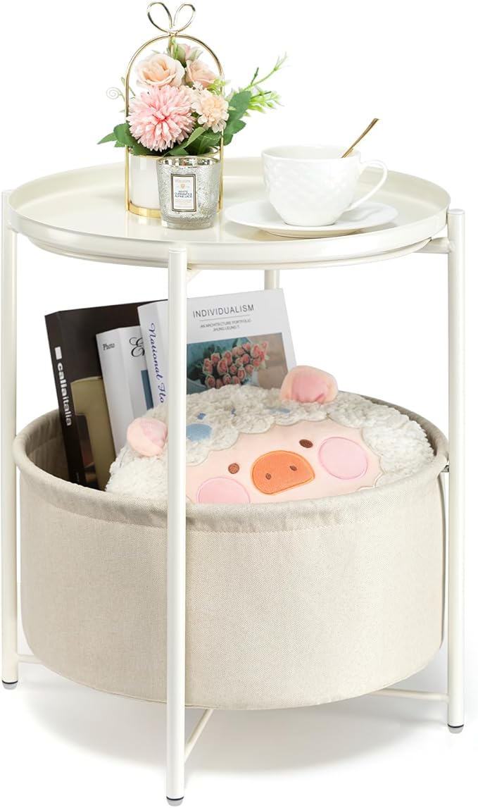 danpinera Round Side Table with Fabric Storage Basket, Metal Side Table Small Bedside Nightstand with Removable Tray Top for Living Room, Bedroom, Nursery, Laundry, White