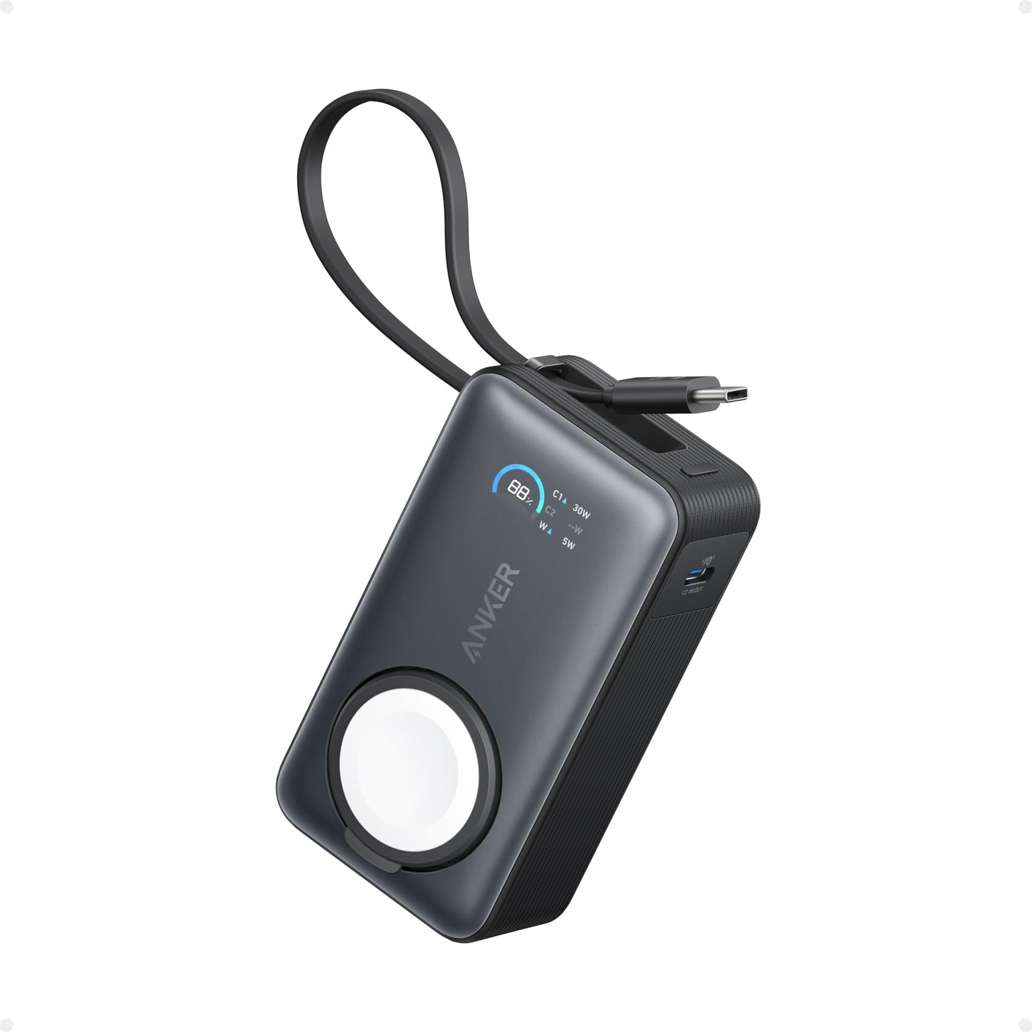 Anker MagGo Power Bank for Apple Watch, Officially Certified 10,000mAh Compact Battery Pack with Built-in USB-C Cable, 35W Max, for iPhone 15 Series, Samsung, iPad, AirPods, and More(Black)