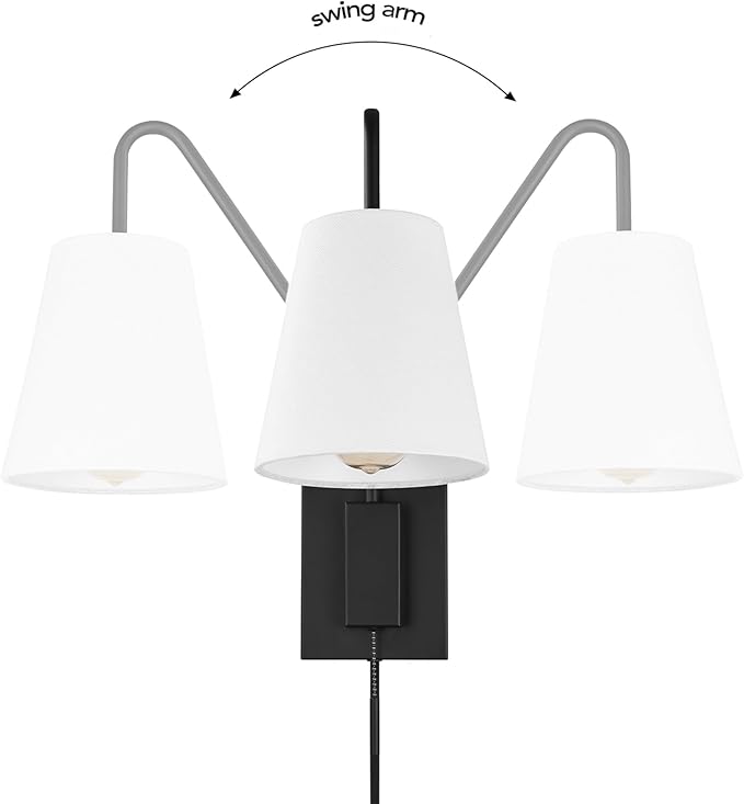 Globe Electric 65000043 1-Light Plug-in or Hardwire Wall Sconce, Matte Black, White Fabric Shade, Swing Arm, 6ft Black Braided Fabric Cord, On/Off Pull Chain, Wall Lights for Living Room, Home Décor