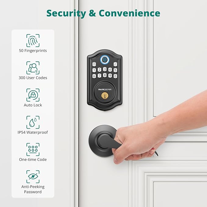 DS10 Keyless Entry Door Lock with 2 Lever Handle, Fingerprint, Keypad Code, 2 Keys, Smart Locks for Front Door, Bedroom, One-time Code, Auto-Lock, Easy Installation -Matte Black