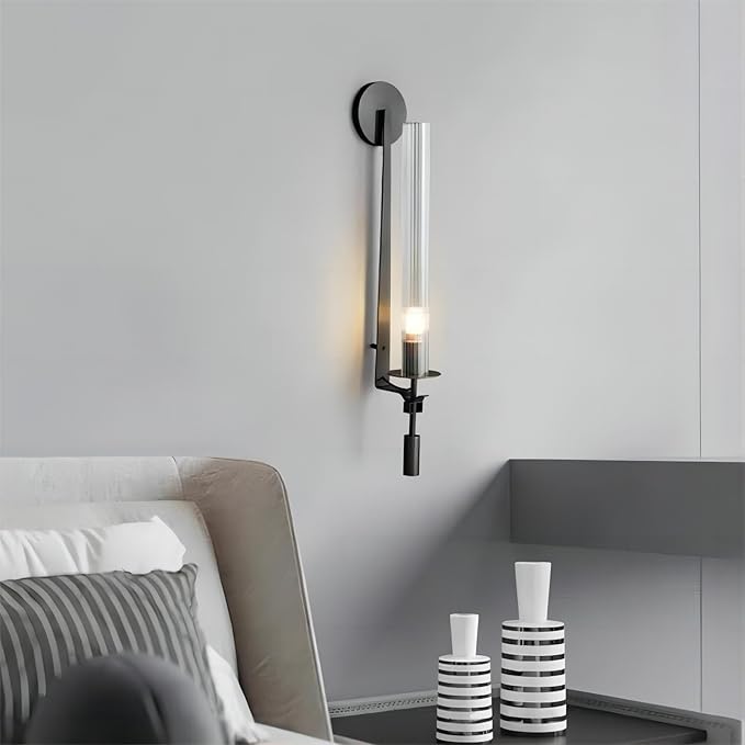 LIGHTLAND Black Wall Sconce, 28 Inch Modern Metal Glass Wall Light Fixture, Wall Lamp for Living Room Bedroom Hallway (Pack of 1)