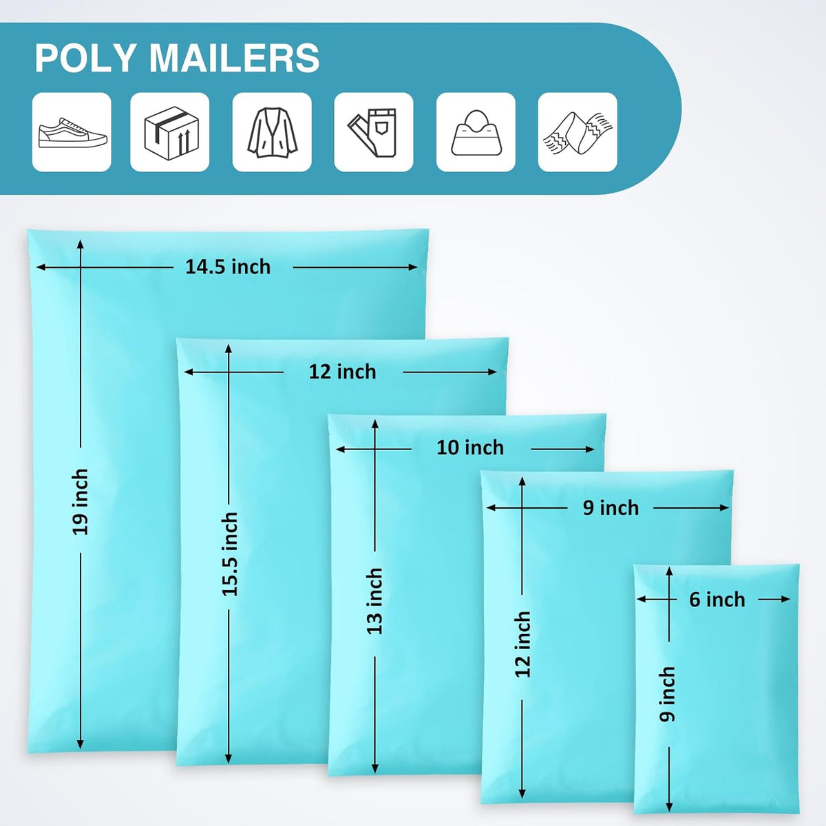 UCGOU 60 Pack Teal Poly Mailers Variety Size Pack, 6x9 Inch & 9x12 Inch & 10x13 Inch & 12x15.5 Inch & 14.5x19 Inch, 12 PCS Each Bag, Self-sealing Adhesive Mailers Assorted Sizes for Small Business