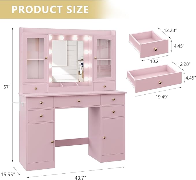 Makeup Vanity Desk with Mirror and Lights, Pink Vanity Table Set with Storage Drawers, Charging Station & Cabinets, Large Dressing Table with RGB Ambient Light for Women Girls Bedroom Bathroom