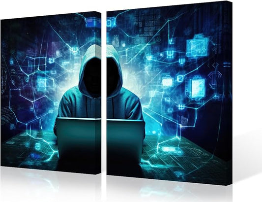 TUMOVO 3 Pieces Wall Art AI Big Data on Canvas Art Prints Hacker Malware Paintings Modern Home Decor Artwork Minimalism Picture Giclee Print for Modern Home Decor, 24" Wx16 H