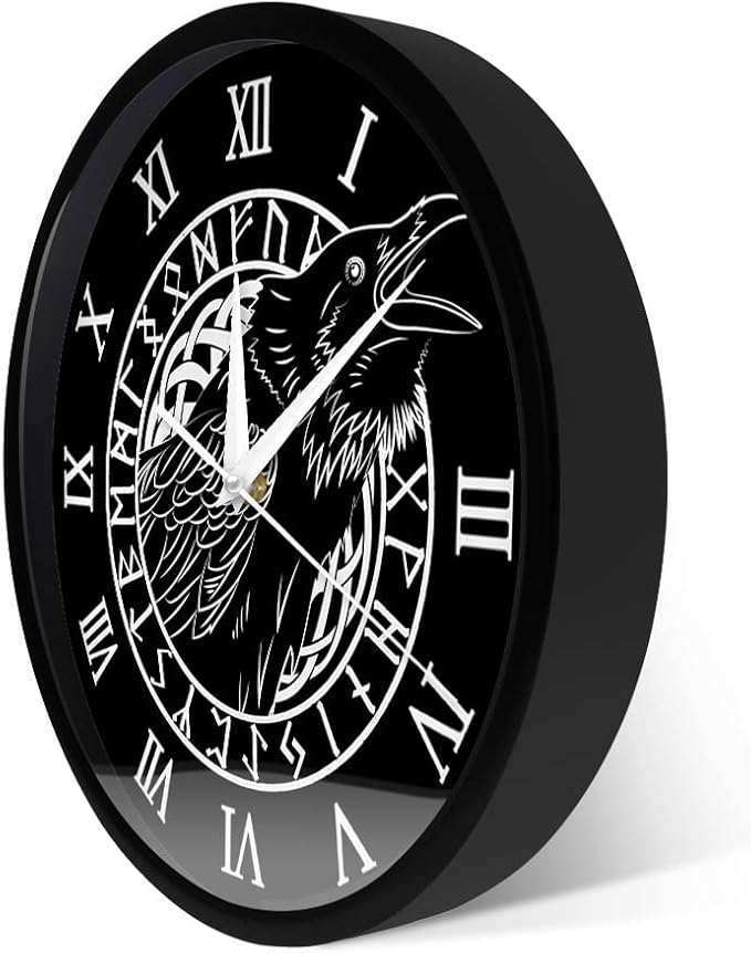 Geek Alerts Voice Control LED Lighting Clock, Cawing Black Crow with Roman Numerals Wall Clock Viking Odin Raven with Scandinavian Runes Silent Sweep Watch