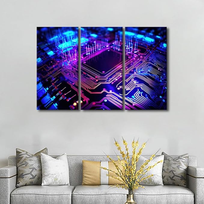 Wall Pictures for Living Room Semiconductor Chip Pictures Canvas Print Circuit Board Wall Art 3 Pieces Framed Art Prints Giclee Gallery-Wrapped Framed Ready to Hang Posters, 42" Wx28 H