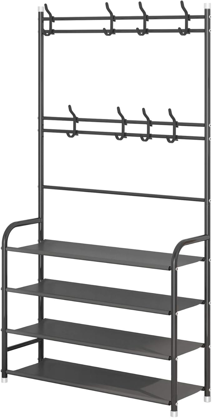 UDEAR Entryway Coat Rack,3-in-1 Hall Tree Multifunctional Storage Shelf with 4-Tier Shoe Bench and 8 Hooks,16-20 Pairs of Shoes,Easy Assembly,for Entrance Foyer Bedroom Barthroom,Black