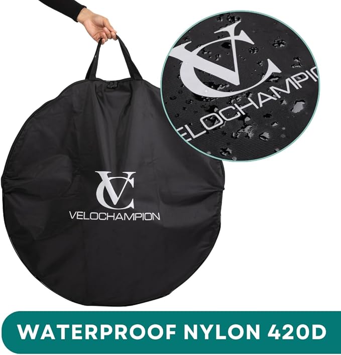 VeloChampion Waterproof Bicycle Wheel Bag Storage Cover | Mountain, Road or Gravel Bike | 650b. 700c. 26” 27.5” 29” Bicycle Wheelset Transport Travel Case (Black, 31.8" (MTB) x1)