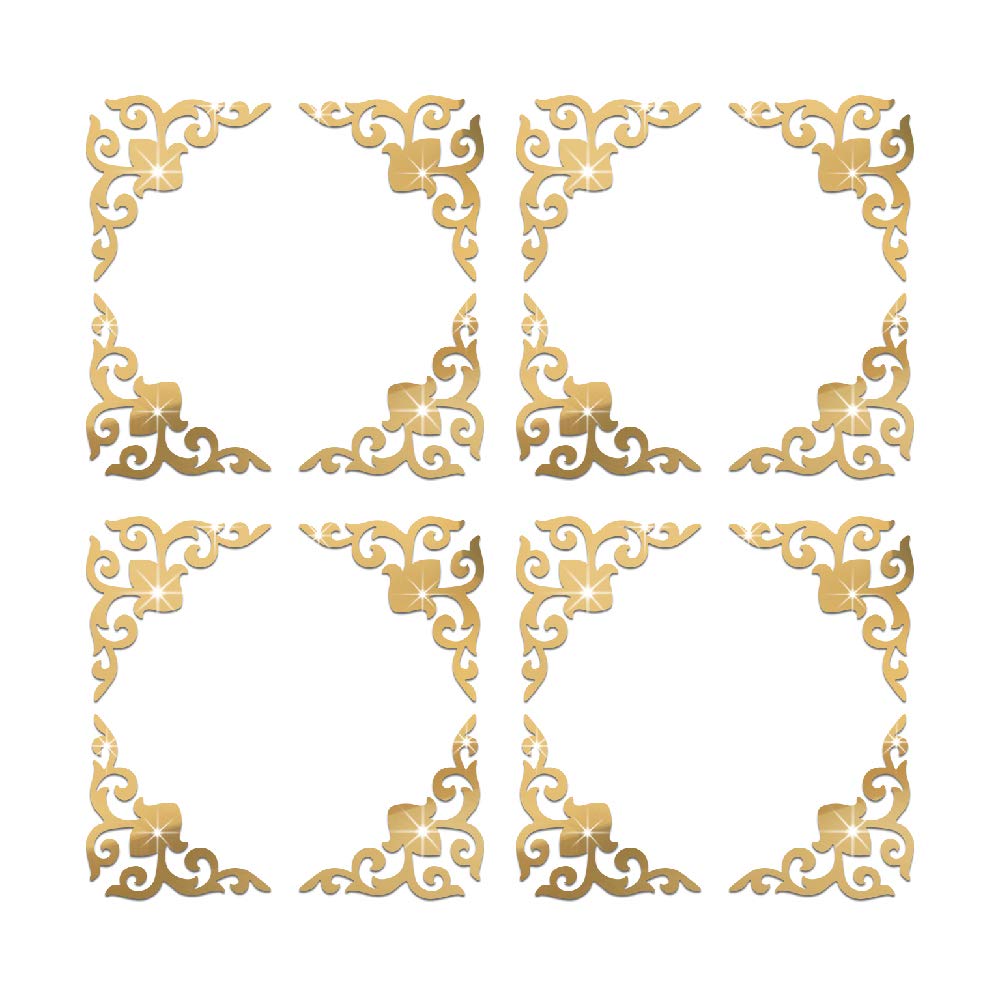 funlife Hollow Self Adhesive Mirror Wall Stickers, Small Plastic Gold Mirror with Adhesive Back for Home Cabinet Wall Decor 3.94" X 3.94"" 16 PCS Corner Onlay Applique Pattern-Mirror"