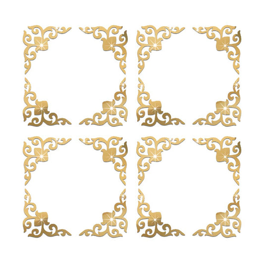 funlife Hollow Self Adhesive Mirror Wall Stickers, Small Plastic Gold Mirror with Adhesive Back for Home Cabinet Wall Decor 3.94" X 3.94"" 16 PCS Corner Onlay Applique Pattern-Mirror"