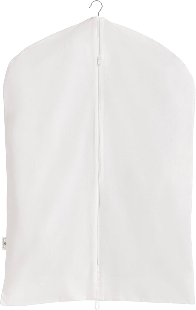 Garment Bag for Hanging Clothes – Organic Cotton Suit & Coat Cover with Zipper | Breathable Closet Organizer for Travel & Storage (24"x48"), Off-White)