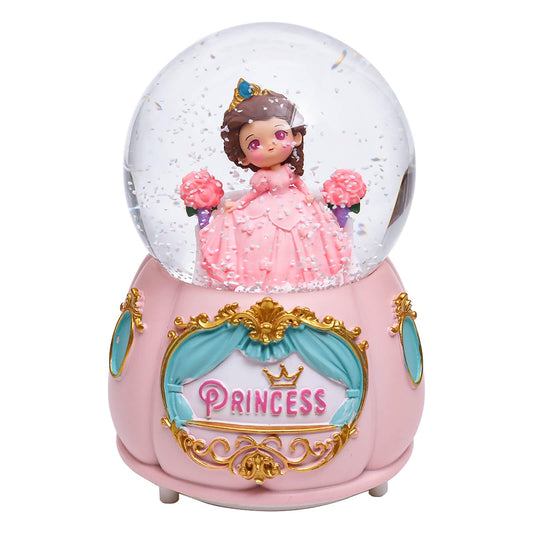 Dalekana Snow Globe with Light for Christmas & Birthday Gift, 80mm Crystal Musical Glitter Glass Water Ball Decoration, Princess - Pink Snowglobe, 3.5" x 3.5" x 5"