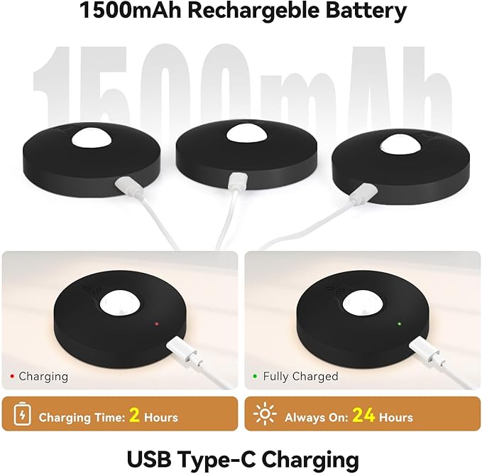 Yiliaw Rechargeable Puck Lights with Remote, 3 Pack Magnetic Under Cabinet Lighting, 1500mAh Battery Operated LED Tap Lights with Dimmer & Timmer for Kitchen, Closet, Shelf - 3 Color Temps, Black