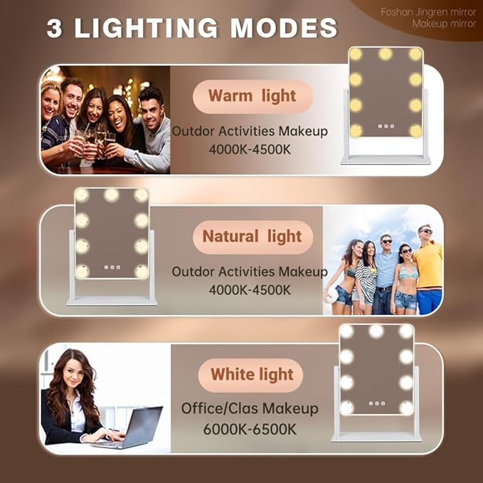 Hollywood Vanity Mirror with Lights,Tabletop Makeup Mirror with 9 LED Lights Smart Touch Control 3 Colors Light 360°Rotation Detachable 10X Magnification