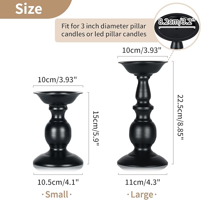 2 Pcs Black Pillar Candle Holders, Most Ideal for 3" Pillar Candles, Gifts for Wedding, Party, Home, Spa, Reiki, Votive Candle (2 x L)