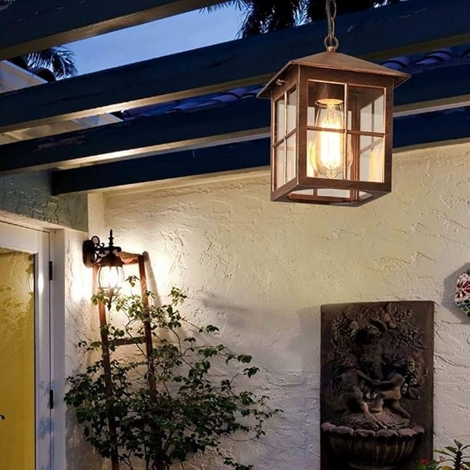 Outdoor Glass Hanging Lamp, Pendant Light Height Adjustable for Porch Garden Courtyard Gazebo Suspension Light(Bronze), Size